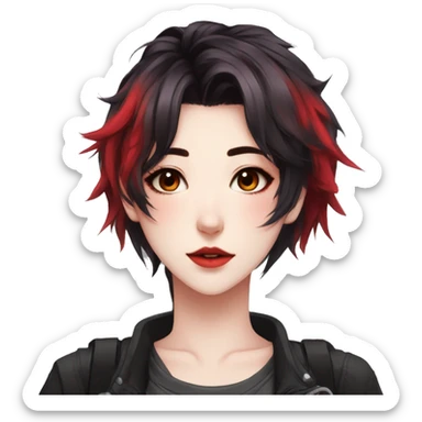 Gorgeous anime style tomboy-lady with blushing face aesthetic and pretty edgy black red punk hair with hair garment trending style sticker