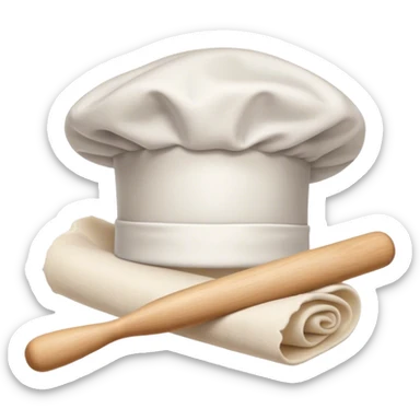 Cinematic Realistic Chef Hat & Rolling Pin, crisp white cotton hat with soft folds, resting beside a classic wooden rolling pin with smooth, polished curves, a light dusting of flour adding authenticity, warm kitchen lighting casting gentle shadows, glowing with a cozy and inviting charm. sticker