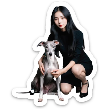 Slim Chinese girl with long black hair petting completely solid grey Italian greyhound with absolutely no white markings anywhere sticker