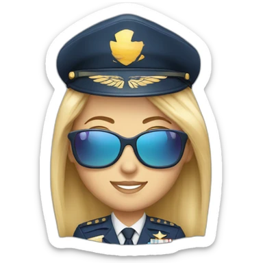 young long blonde hair caucasian female airplane Captain with sun glasses and Captain cap sticker