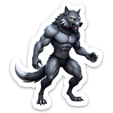 cinematic-noble-fierce-werewolf-full body-emoji, poised-and-imposing, with a tall, slender, muscular frame, fur rippling in shades of midnight black and silver, eyes glowing with an intense, primal ferocity, reflecting the untamed power of the wild moonlit night; rendered with realism sticker