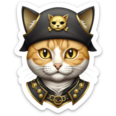 Highly detailed dark fantasy sticker art,cat, gritty pirate aesthetic, intricate engraving style, cinematic lighting, gold and charcoal color palette, sharp edges, white border, vector contour --v 6.0 sticker