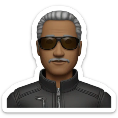 56 year old man, balled, brown eyes, black motorcycle suit, sunglasses on forehead sticker