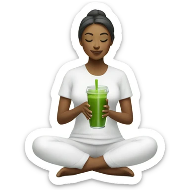 A woman in white meditating while holding a green smoothie sticker
