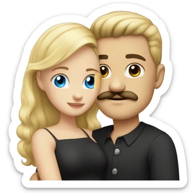 blonde blue eyed girl, hugging a man with black hair and black mustache sticker