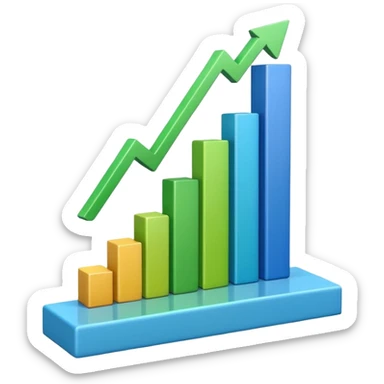 3D bar chart with upward trend, pie chart, colorful graphs, 
data visualization, blue and green colors, transparent background, 
emoji style, realistic, modern business analytics sticker