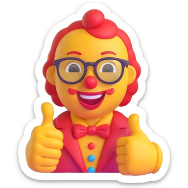 AI emoji with a smirk, wearing a clown nose and oversized glasses, giving a funny thumbs up to friends, comedic and cheerful sticker