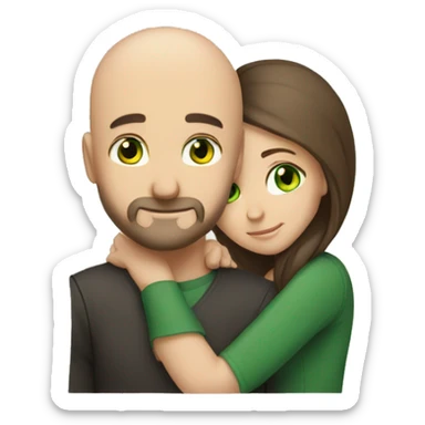 Intimate hug bald man beard green eyes long dark hair woman sticker