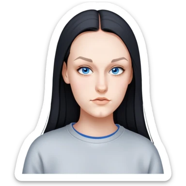 female, wearing grey sweatshirt, long black hair sticker