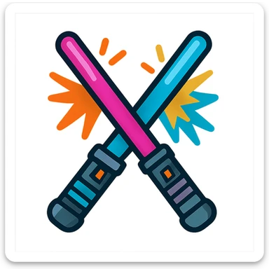 a pair of crossed lightsabers, one magenta and one blue, vibrant cartoon style sticker