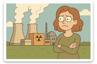 flat design of a nuclear power plant with two cooling towers, subtle steam, green field, environmental focus sticker