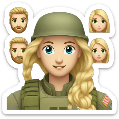 military blonde man with beard, blue eyes with girl who has long light-brown hair and green-grey eyes sticker