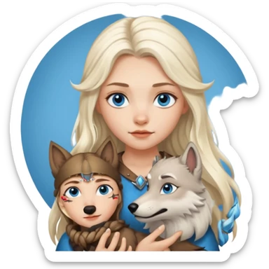 Viking platinum blonde girl with long hair, forelocks and blue eyes. Wolf pet sticker