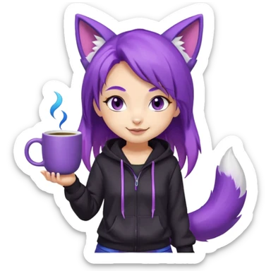 chibi fox girl with purple hair , purple fox ears, purple fox tail, black hoodie, blue eyes with head phones around her neck and white shorts, generate her looking smug holding a large coffee cup sticker