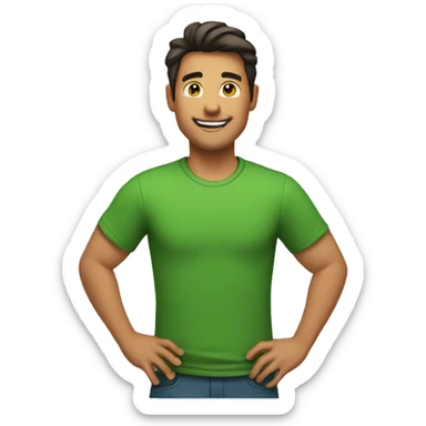 A man wearing a green t-shirt, smiles and puts his hand on his chest sticker