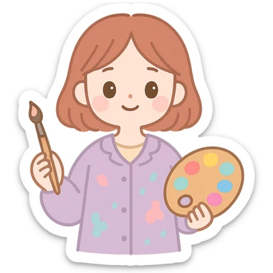 Serene female oil painter, Caucasian features, shoulder-length auburn hair, soft brown eyes, gentle smile, wearing a violet painter’s smock lightly stained with paint over a beige blouse, holding a wooden palette with vibrant colors in one hand and a brush in the other, waist-up, front-facing sticker