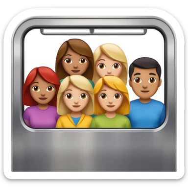 five happy people, mix of women and men, close with each other, inside a subway car resembling Apple emoji subway with colorful exterior, wearing t-shirt style clothes in different light colors, Apple emoji style sticker