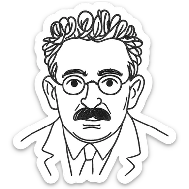 a hand drawn black outline portrait of Walter Benjamin with similar size eyes based a famous photograph of him sticker