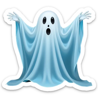 A hilariously exaggerated floating sheet ghost, its simple yet expressive form billowing with animated energy in vibrant whites and pale blues, with two wide, comically shocked eyes and a quirky, startled mouth, simplified yet overflowing with personality, highly detailed with a soft neon-like glowing outline, capturing the playful absurdity of a ghost caught off guard! sticker