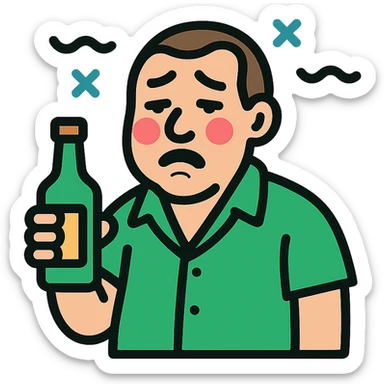 color outlined icon of a GTA character with flushed face, swaying, holding a bottle, comic style sticker