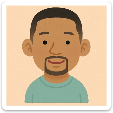 Will Smith's head in Irasutoya style, gentle eyes, short hair, iconic ears, cute and approachable sticker