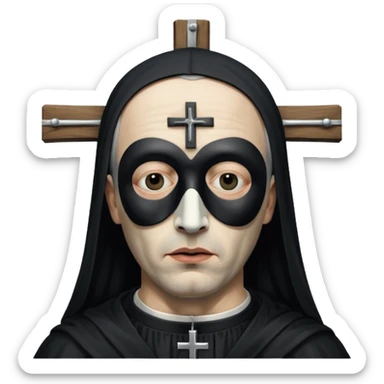 cinematic ultra HD portrait of Joel-Peter Witkin, an American photographer known for his provocative and controversial works, he wears a small black mask with a crucifix over his eyes sticker