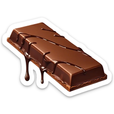 The image shows a partially unwrapped chocolate bar with melted chocolate dripping from the edge, creating a smooth and glossy effect. The rich brown chocolate contrasts with the blue background, emphasizing its melting texture. sticker