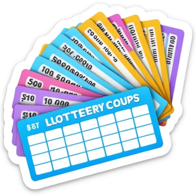 Create blank lottery coupons fanned out, clean and colorful, with different header colors and simple grid sections. No numbers, no text—just empty fields and a lottery-ticket layout. Bright, modern, and on a neutral background. sticker