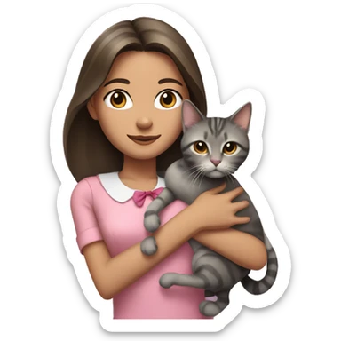 Brunette girl with straight hair in a pink blouse, holding a gray, striped, brown-eyed cat with a bow in her arms sticker