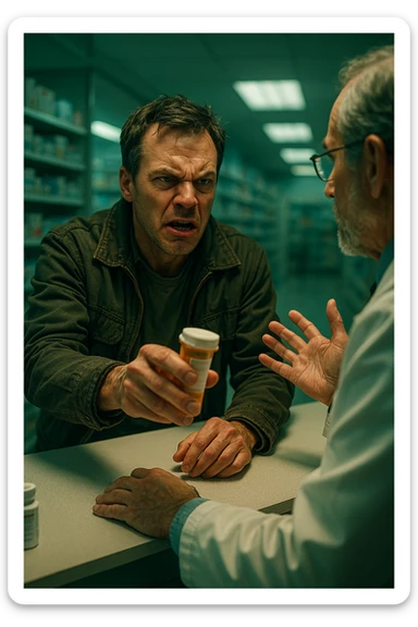 Cinematic Frustrated man at pharmacy counter demanding immediate pain relief medication, expression of impatience wanting instant symptom elimination, ignoring pharmacist's questions about underlying causes, grabbing prescription bottle eagerly, symptom suppression taking priority over healing, modern medicine aisle promising quick fixes for complex health problems" in italiano sticker