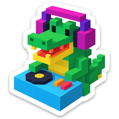 voxel style crocodile DJ with headphones and turntable, isometric view sticker