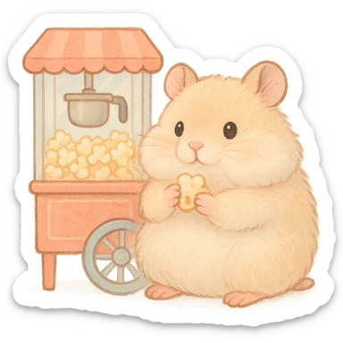 popcorn machine hamster, soft fluffy, puffed cheeks, holding popcorn, soft pastel tones, full-body sticker