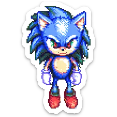 Change Sonic's eyes to red, keep pixel art style, no background sticker