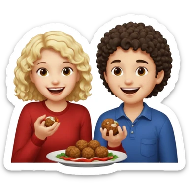 Ragazza bionda leggermente riccia che ride ad un ragazzo con i capelli ricci scuri mentre mangia polpette sticker