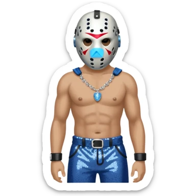 Jason Voorhees with white hockey mask, blue-gray sequin baggy pants, shirtless with necklace sticker