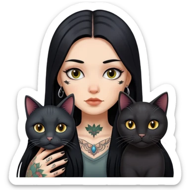 girl with long black  straight hair and tattoos and black cat sticker