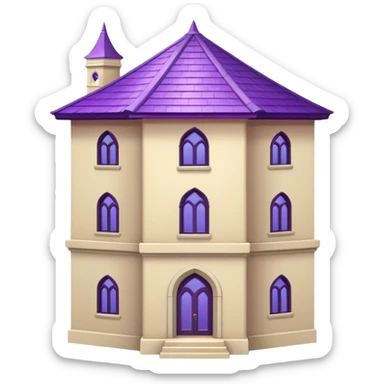 a single tall seclusion tower with large windows above, a purple roof and cream walls, and no entrance sticker