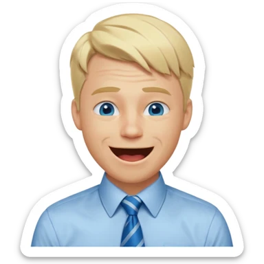 A 27 year old guy with blonde hair and blue eyes that looks masculine. make him wear a shirt with a tie. he is danish. He is laughing extremely hard. More extreme expression sticker