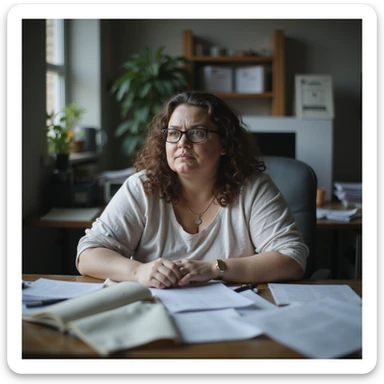 obese woman sitting at a desk, lost and tired look, surrounded by papers and computer, realistic atmosphere, hyperrealistic 4K details, office environment, signs of cognitive slowing sticker