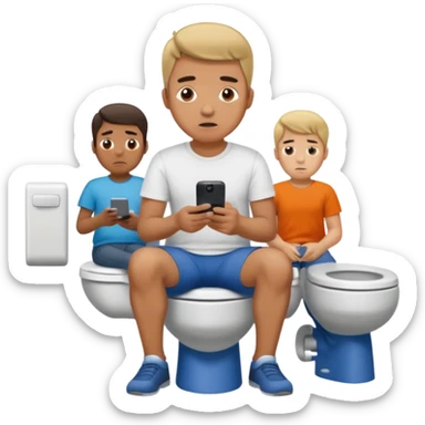 Man on toilet playing on phone while people wait to use bathroom sticker