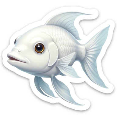 Cinematic Noble White Goldfish Portrait Emoji, Poised and regal, with a sleek, streamlined build and a luminous, pure white body, deep-set soulful pale eyes, Simplified yet sharp and sophisticated features, highly detailed, glowing with a soft, dignified glow, high shine, intelligent and graceful, stylized with an air of aquatic purity, focused and attentive, soft glowing outline, capturing the essence of a watchful and confident aquatic companion, so majestic it feels as though it could glide out of the screen with effortless authority! sticker