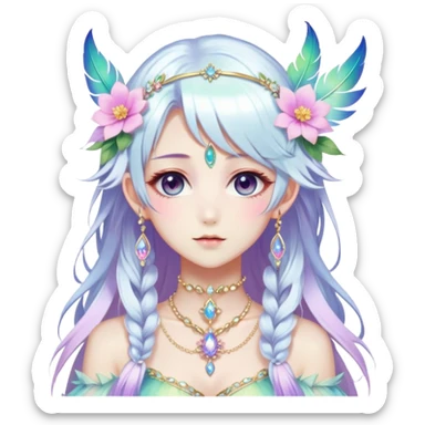 Beautiful gorgeous anime lady with beautiful iridescent-white-special-hair, fashion aesthetic, ethereal, fairycore, pastelcore, feather, flower, gems, accessories, jewelries, gold, colorful sticker