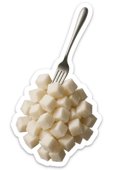 monagna di zollette di zucchero con una forchetta appizzata sopra, fluttuano in aria, iperrealistico 4k sticker