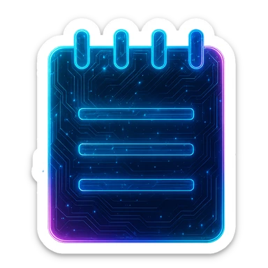 Transform the Windows Notepad icon into a cyberpunk, holographic style with glowing neon blue and pink edges, circuit patterns throughout the entire icon, and a transparent background. Maintain the recognizable notepad shape with spiral binding and lines, overlaying neon and circuit effects in a consistent futuristic, clean cyberpunk glow style with intricate circuit details, similar to previous cyberpunk icons. sticker