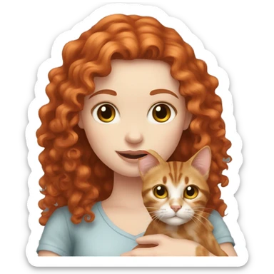 Pale skin Red hair curly girl holding tabby cat sticker