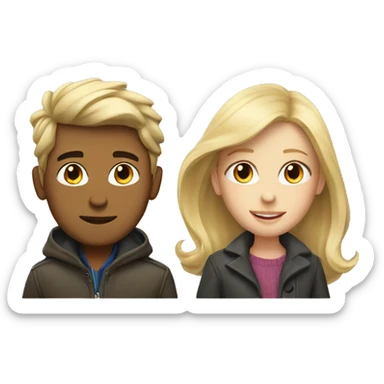 Blonde girl in coat with brunette boy love sticker