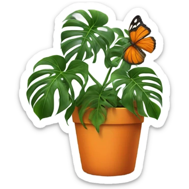 monstera in an aesthetic dark orange pot and on the leaf is an orange butterfly sticker