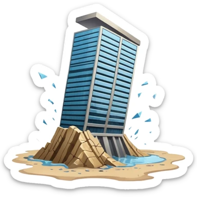 A skyscraper collapsing on quicksand, with floors breaking apart and falling out of the structure, glass and steel debris falling, realistic lighting, cinematic atmosphere, dramatic destruction, ultra detailed sticker