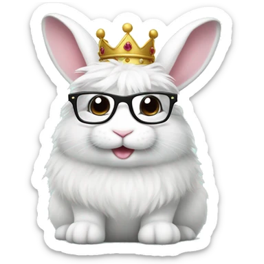 cute super fluffy white bunny with glasses wearing a crown sticker