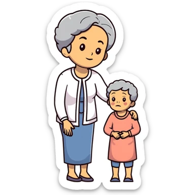 Full body view of a Black mother with Alzheimer's disease who has a 19-year-old child, gentle posture, slightly confused expression, comfortable clothing sticker